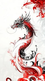 Crimson ink dragon coils upward through swirling ivory storms