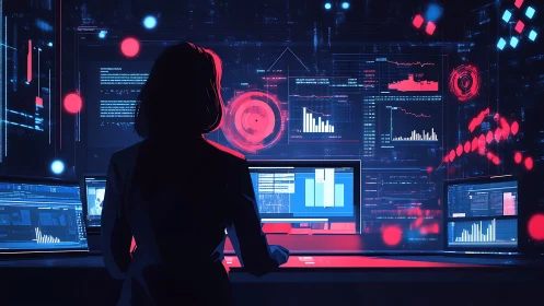 Data analyst at multi-screen workstation in neon control hub.