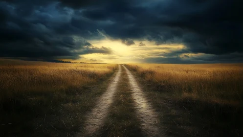 Dirt road cuts golden field under dramatic storm light