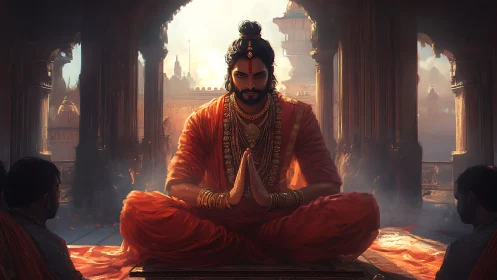 Regal yogi in crimson robes holding stillness in a temple.