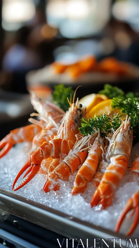 Photorealistic seafood display with langoustines on ice plate.