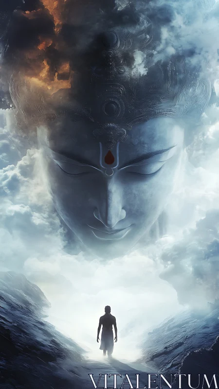 Solitary seeker walks toward colossal divine face in clouds