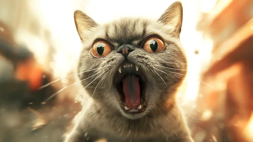 Fanged Fury: A Cat's Shock and Awe Moment.