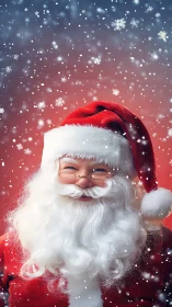 Jolly Santa Claus Smiling Beneath Gentle Falling Snowflakes.