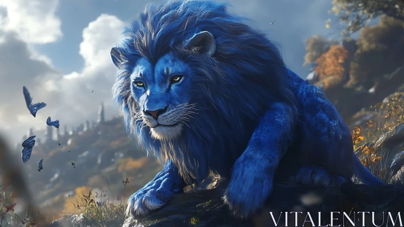 Majestic blue lion stalks through a sunlit fantasy valley