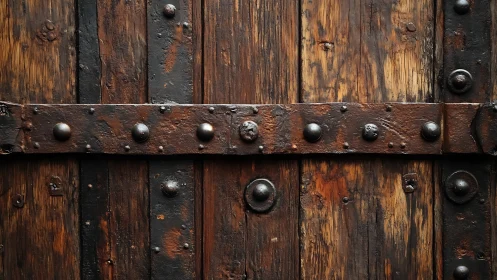 Scarred timber gate with weathered iron strap and rivets.