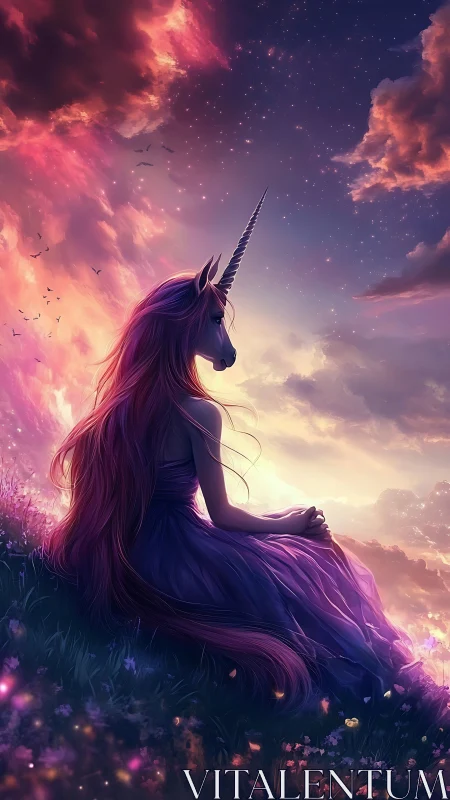 Dreamy unicorn girl resting beneath a glowing twilight sky.