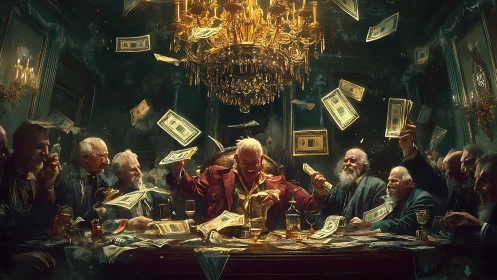 Opulent tycoons hurl money beneath glowing chandelier.