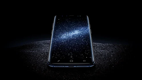 Black smartphone with starry galaxy display on dark surface.