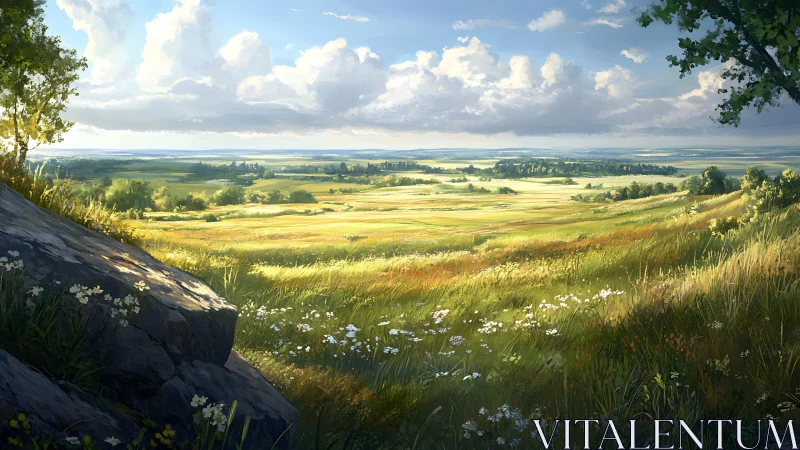 Sunlit countryside valley with wildflower meadow view.