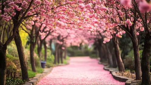 Cherry blossom tree tunnel over petal-covered park pathway