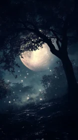 Moonlit forest path is framed by silhouetted trees at night