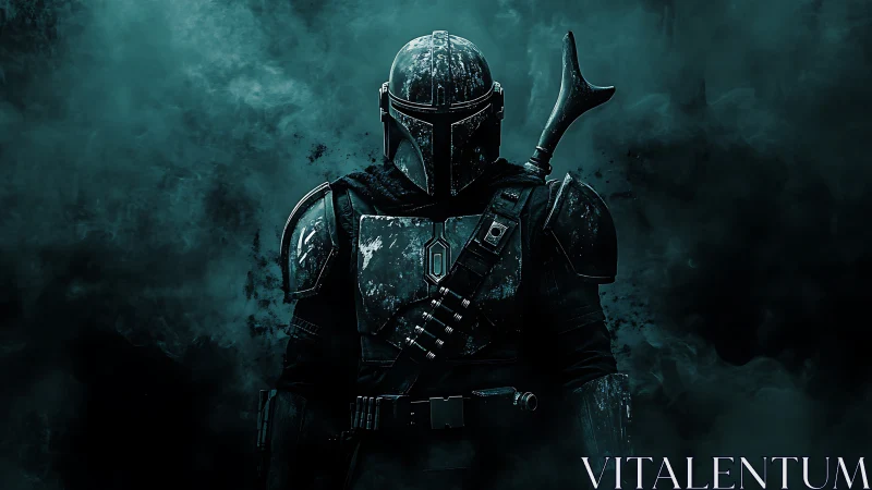 Armored sci fi warrior with rifle in dark teal smoke field.