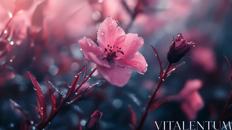 Pink Flowers With Water Droplets In Soft Focus Garden