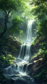 Luminous Forest Cascade: Tiered Waterfall Through Ancient Canopy.