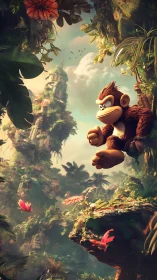 Cartoon gorilla jumps across lush floating jungle plateau