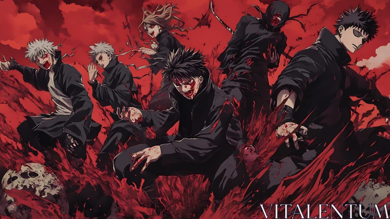 Group of combat-ready figures in red fluid environment.