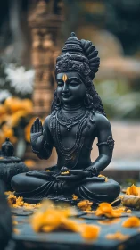 Black stone meditative deity statue with yellow petals.