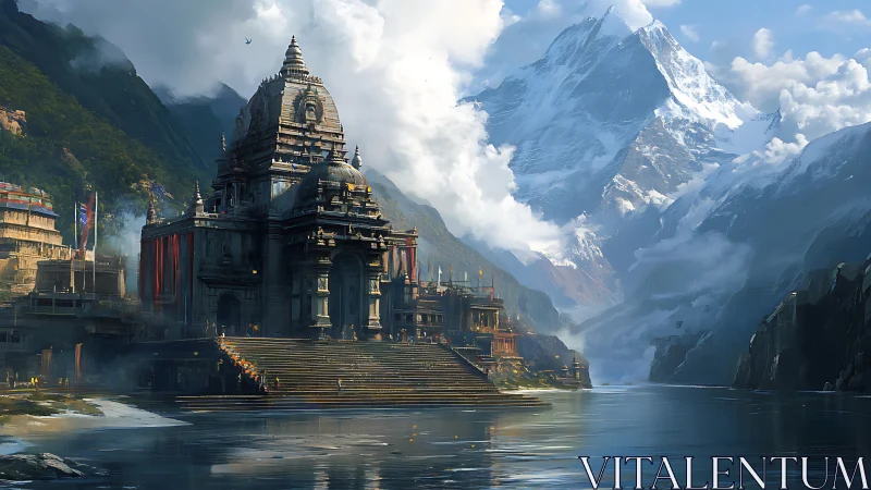 Mountain temple complex rises above glacial river under clouds