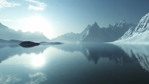 Silent blue sunrise over glassy arctic mountain waters.