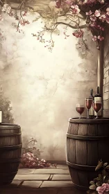 Wine barrels stand beneath blossoms in a rustic courtyard