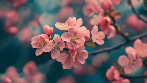 Soft Pink Cherry Blossoms Against Teal Backdrop.