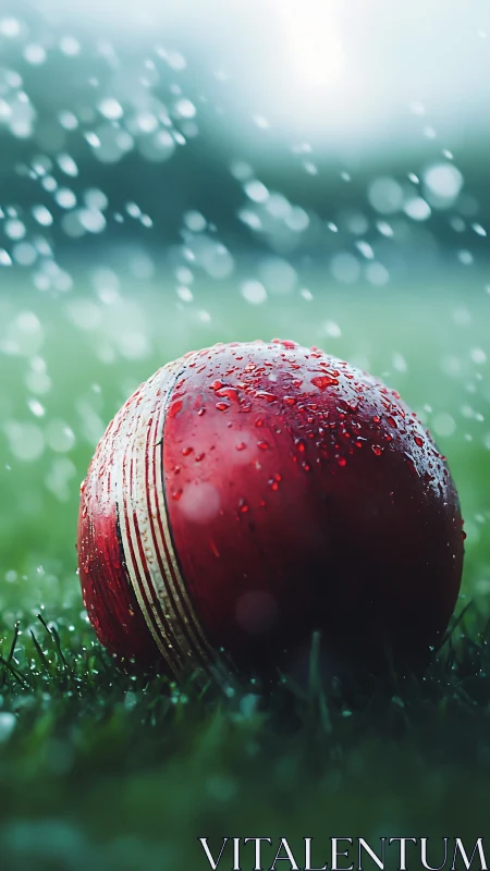 Red cricket ball on wet grass in falling rain outdoors.