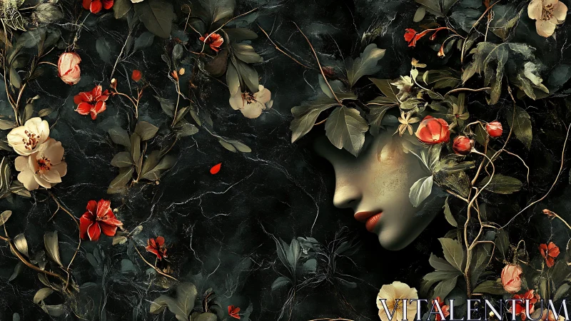 Floral-veiled female profile emerges from dark botanical void