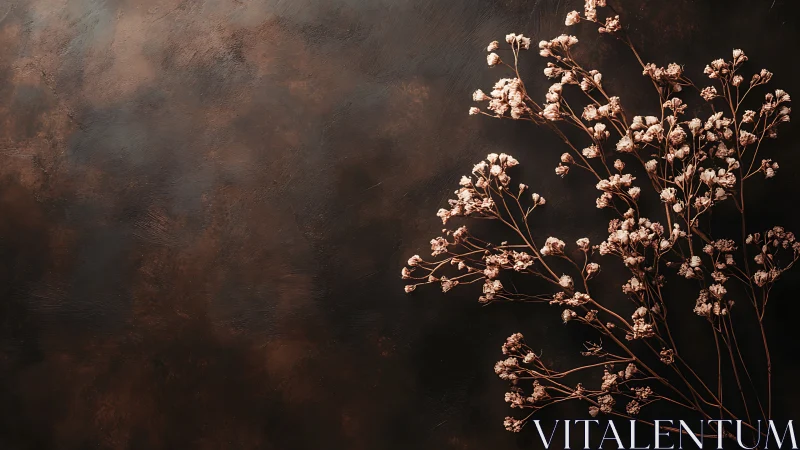Delicate dried flowers on textured dark brown background, moody style.