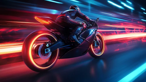 Sleek neon motorcycle racing through a glowing night city.