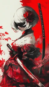 Blindfolded anime swordswoman in red petals and quiet resolve.