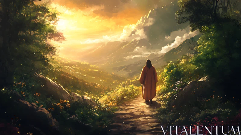 Robed figure walking mountain path toward glowing horizon.