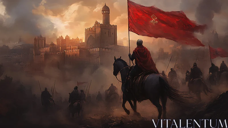 Mounted soldiers approach fortified city under red banners