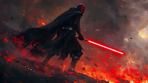 Sith warrior strides through volcanic firestorm of fury.