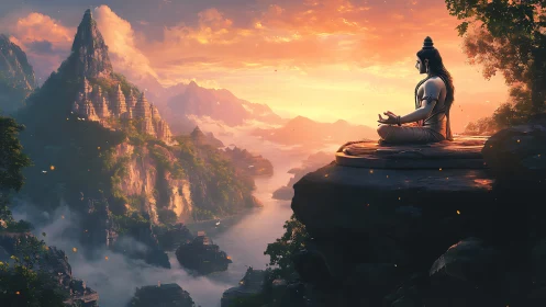 Sunlit meditating figure overlooks layered river valley environment