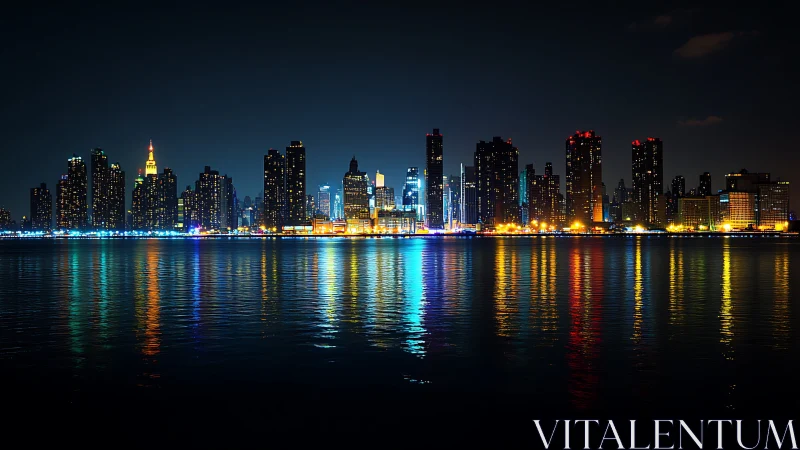 Midnight towers ignite the river with neon skyline echoes.