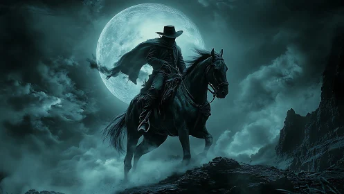 Lone dark cowboy rides beneath a glowing full moon.
