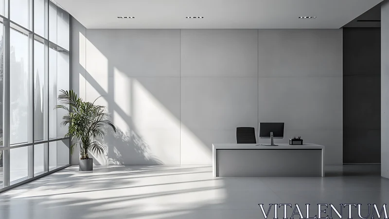 Minimalist office reception desk under strong window light
