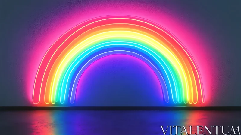 Neon rainbow arc glows over dark gallery concrete wall.