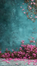 Pink Flowers Against Weathered Turquoise Wall