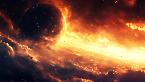 Burning nebula sky engulfs a lonely planet in cosmic fire.