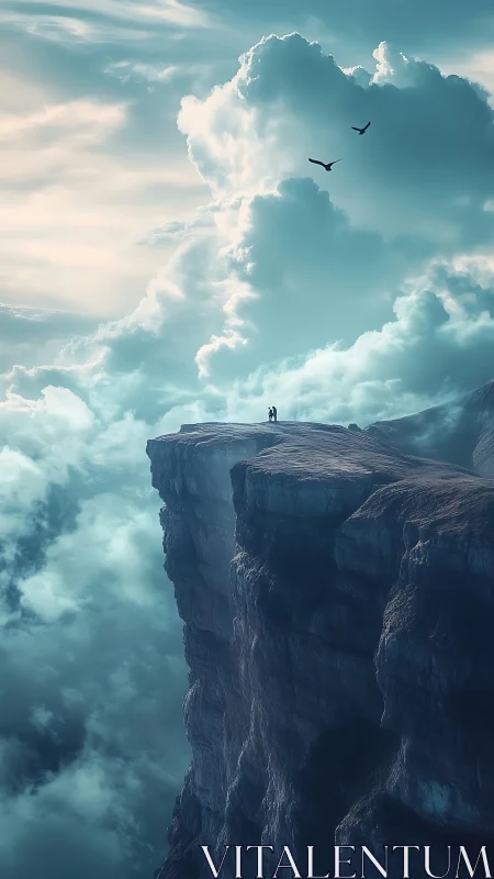Couple on high cliff plateau beneath monumental storm clouds
