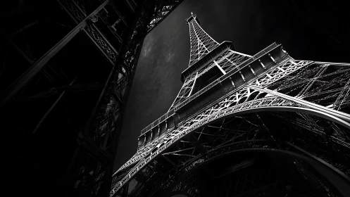 Eiffel Tower low-angle monochrome structural study at night.
