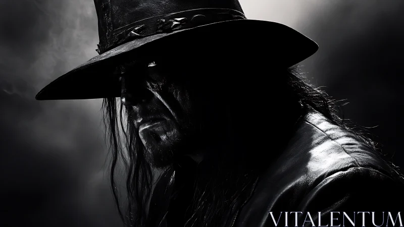 Mysterious shadowed cowboy in moody monochrome light.