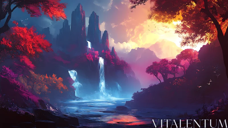 Vibrant fantasy valley with waterfalls and sunset light.
