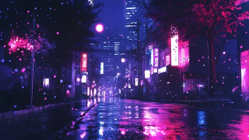 Neon rainstreet dream where violet puddles mirror midnight.