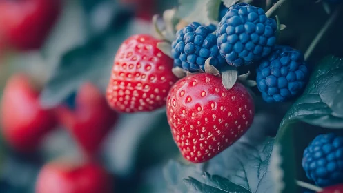 Ripe strawberries and blackberries hang clustered on leafy plant