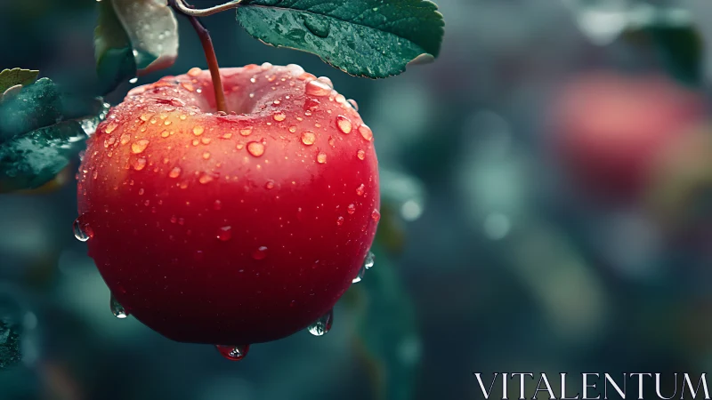 Ripe red apple hangs in dewy orchard stillness at dawn.