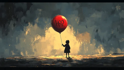 Child silhouette holding red hope balloon in moody light.