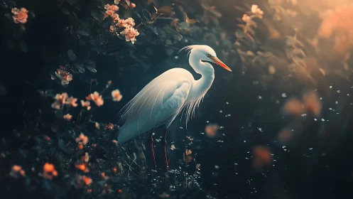 White egret stands in dark pond surrounded by flowers.